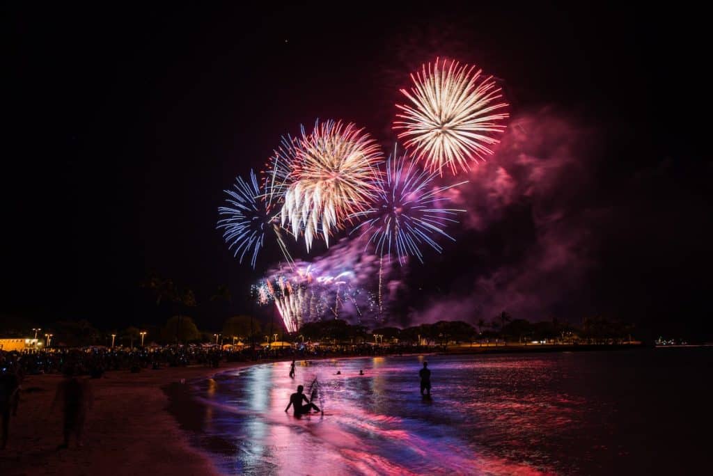 Beautiful easter fireworks above the beach.